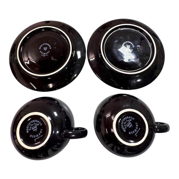 2 Sets Espresso Cups Saucers Waechtersbach Germany Black Glossy Ceramic Vintage - Picture 3 of 8